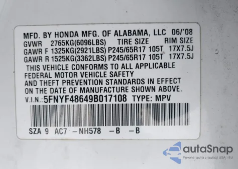 2009 Honda Pilot Ex-L from USA, damaged, VIN 5FNYF48649B017108